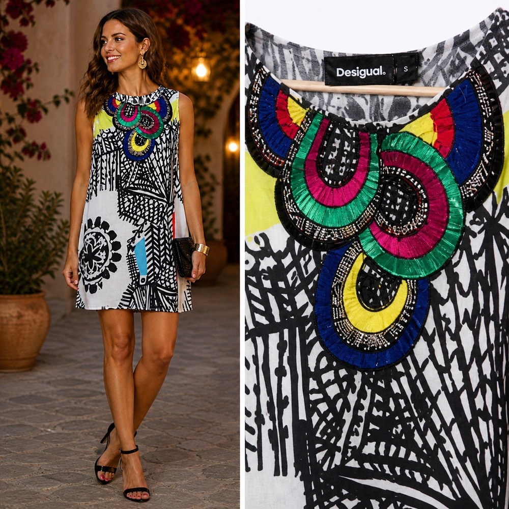 Desigual Dress by Lacroix Womens 36 SM White Black Beaded Neckline Boho Shift